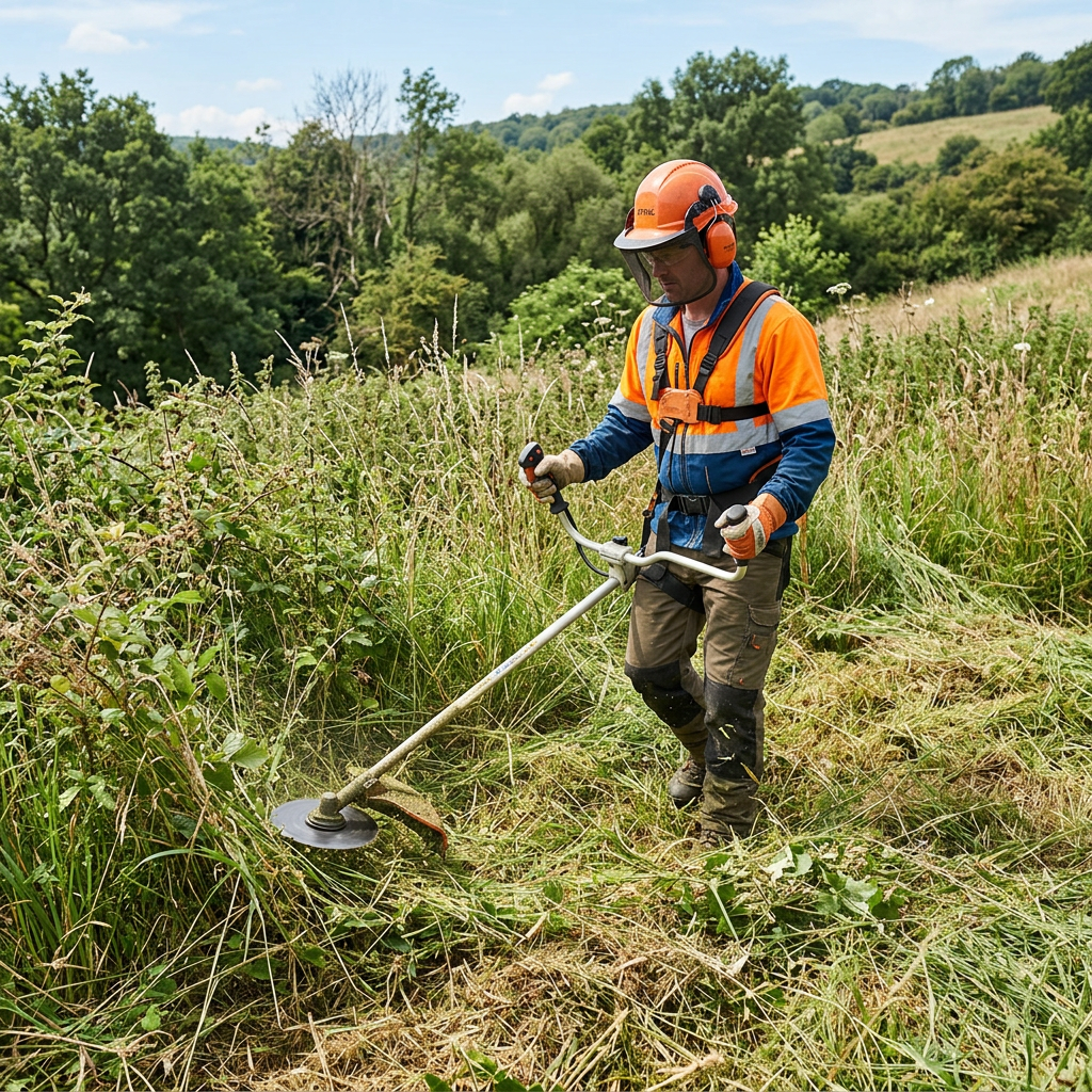 Worker in protective helmet and high-visibility jacket using brush cutter to clear overgrown grass